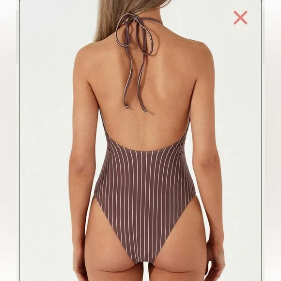 Free People x Zulu & Zephyr Stripe Halter One Piece Swimsuit Stripe Plum Size 10 - Picture 5 of 13